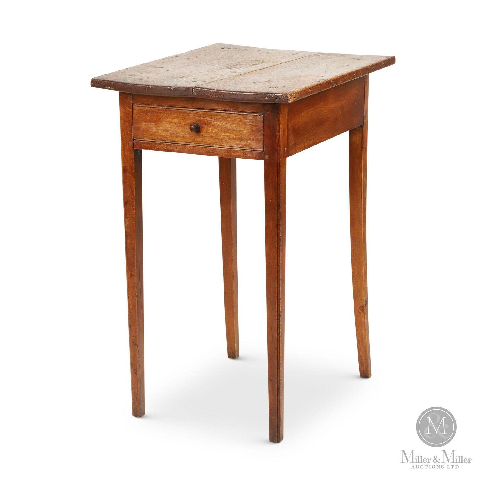 New Brunswick 2-Drawer Lamp Table: New Brunswick. 2nd quarter 19th C. Birch and pine. An interesting New Brunswick lamp table with two drawers. one in either end of the apron, with wooden knobs. Beading to the outside edges of the legs