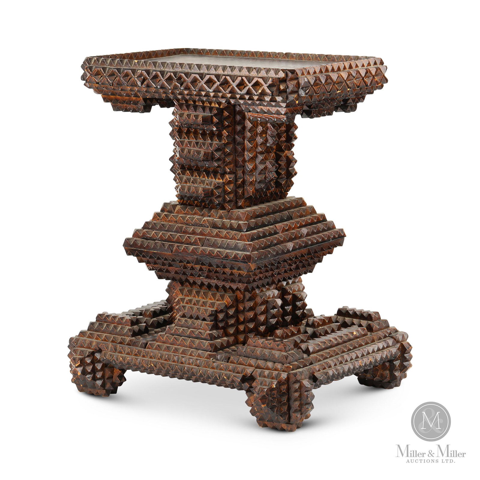 Tramp Art Pedestal: Canadian. Ca: 1900. Pine. A well-constructed tramp art pedestal stand with square base and column supporting a rectangular inset pine top. Even the underside of the base is covered with carving. Good 