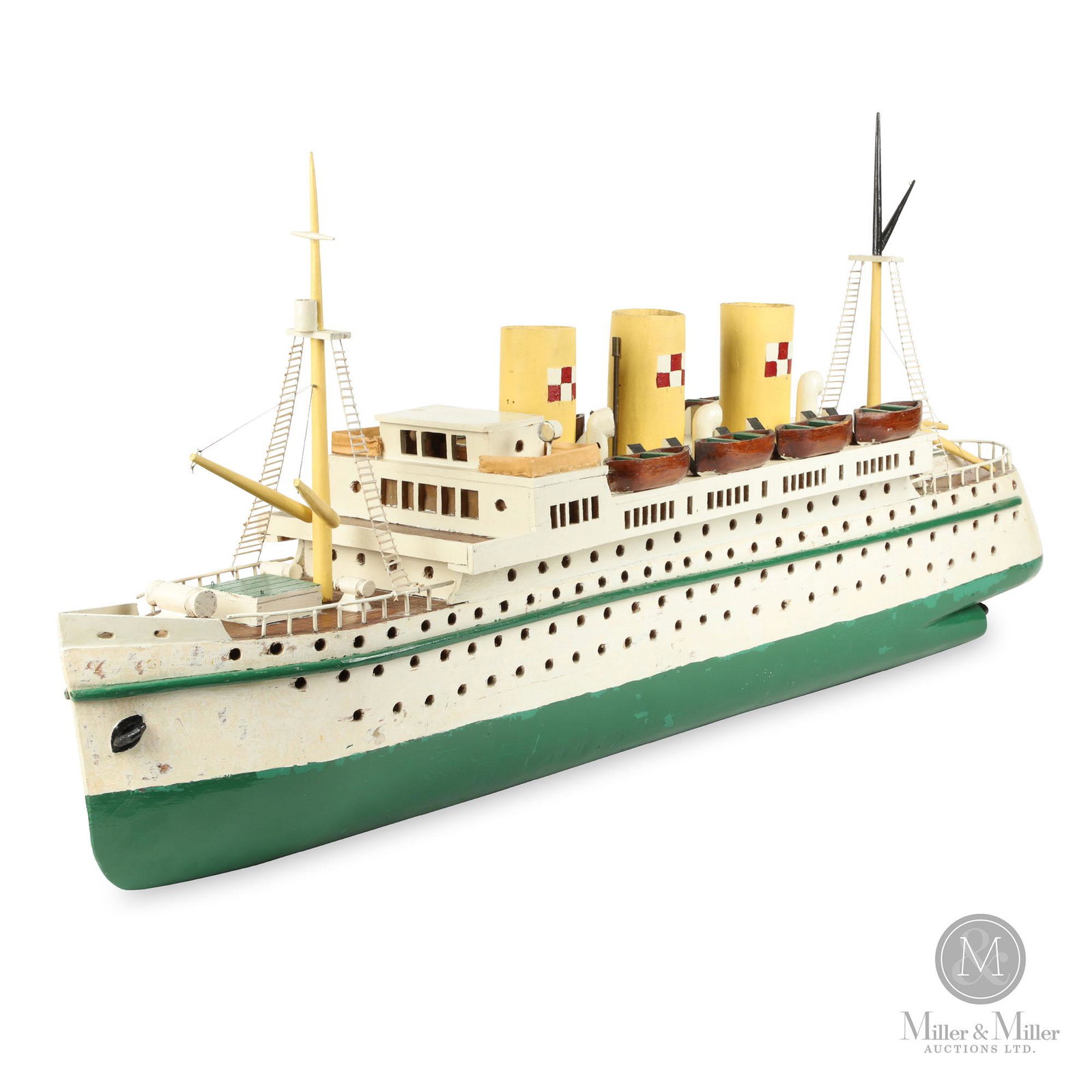 Model Of The Ocean Liner RMS Empress Of Scotland: Quebec. Mid 20th C. Mixed woods, twine, wire. A wood model of the steamship "L'Empress of Scotland" as inscribed on the stern. Painted softwood, with the deck and lifeboats in natural varnish finish. 