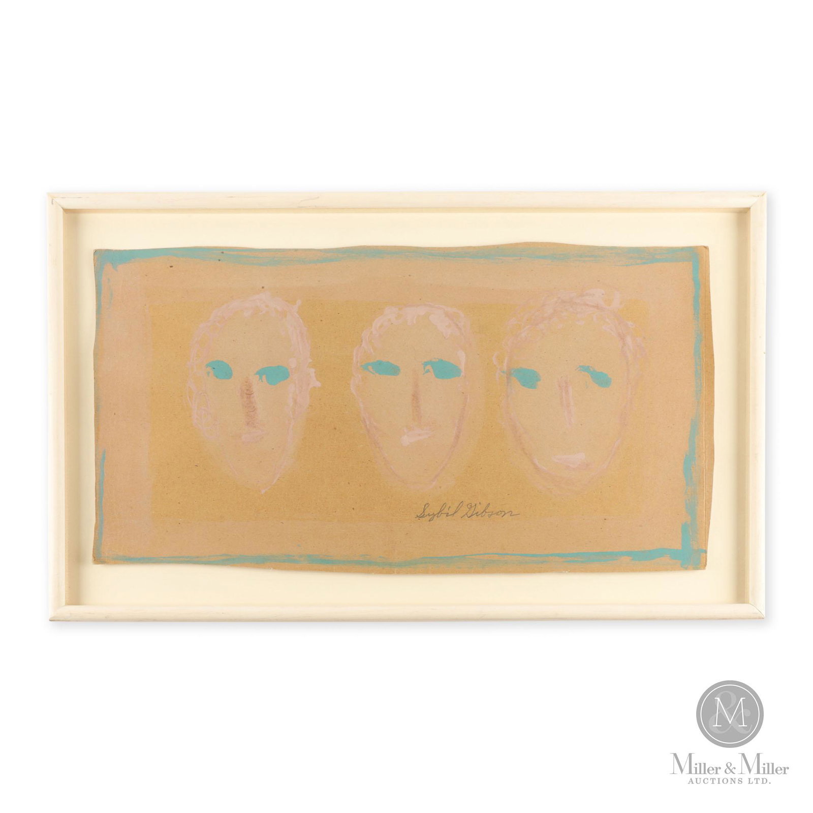 Three Faces by Sybil Gibson: American. Second half, 20th C. Tempera on kraft paper. "Three Faces", each with blue eyes, by highly regarded self- taught American painter. Sybil Gibson. Signed at lower edge, "Sybil Gibson". 15.75 x