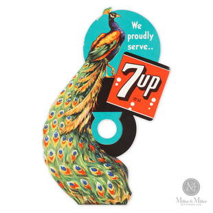 Seven-Up Peacock Bottle Topper: American. 1940s. Lithographed cardboard. New old stock. The neck ring has not been bent for use. Marked "Litho in USA". New old stock. Some edge wear behind the peacock's head. 12.5" x 8".