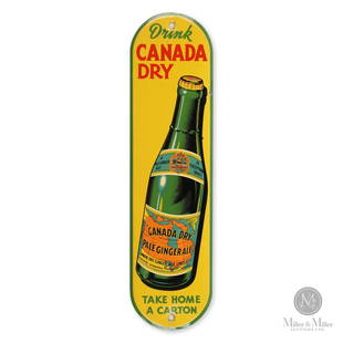 Canada Dry Door Push Sign: Canadian. 1950s. Single sided tin (SST). Rare. Marked lower edge, "Made in Canada CCC 59" (Continental Can Company of Canada). Minor surface losses surrounding lower mounting hole. A few minor