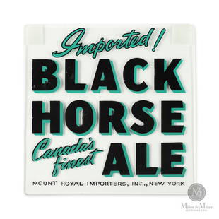 Dawes Black Horse 'Imported' Reverse Painted Glass Sign: American. 1950s. Reverse-painted glass. Made for the American market. Marked, "Mount Royal Importers Inc., New York". Very minor crazing and loss to the reverse-painted script. 7.5" x 7.5".