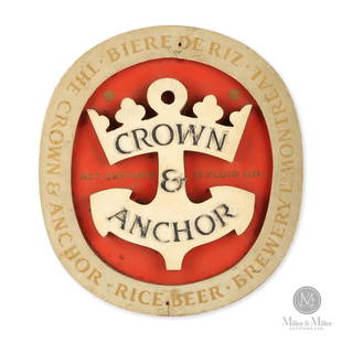 Crown & Anchor Brewery Plaque: Montreal, Quebec. Circa 1950. Framed masonite. A Crown & Anchor Brewery advertising plaque. Minor soil and oxidation to the surface. 10" x 9" x 1".