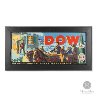 Dow Framed Lithograph: Montreal, Quebec. 1940s. Cardboard lithograph. This colourful image features a horse and sleigh with a case of Dow delivered to a receptive household over the script, "The Ale of Good Taste - Le