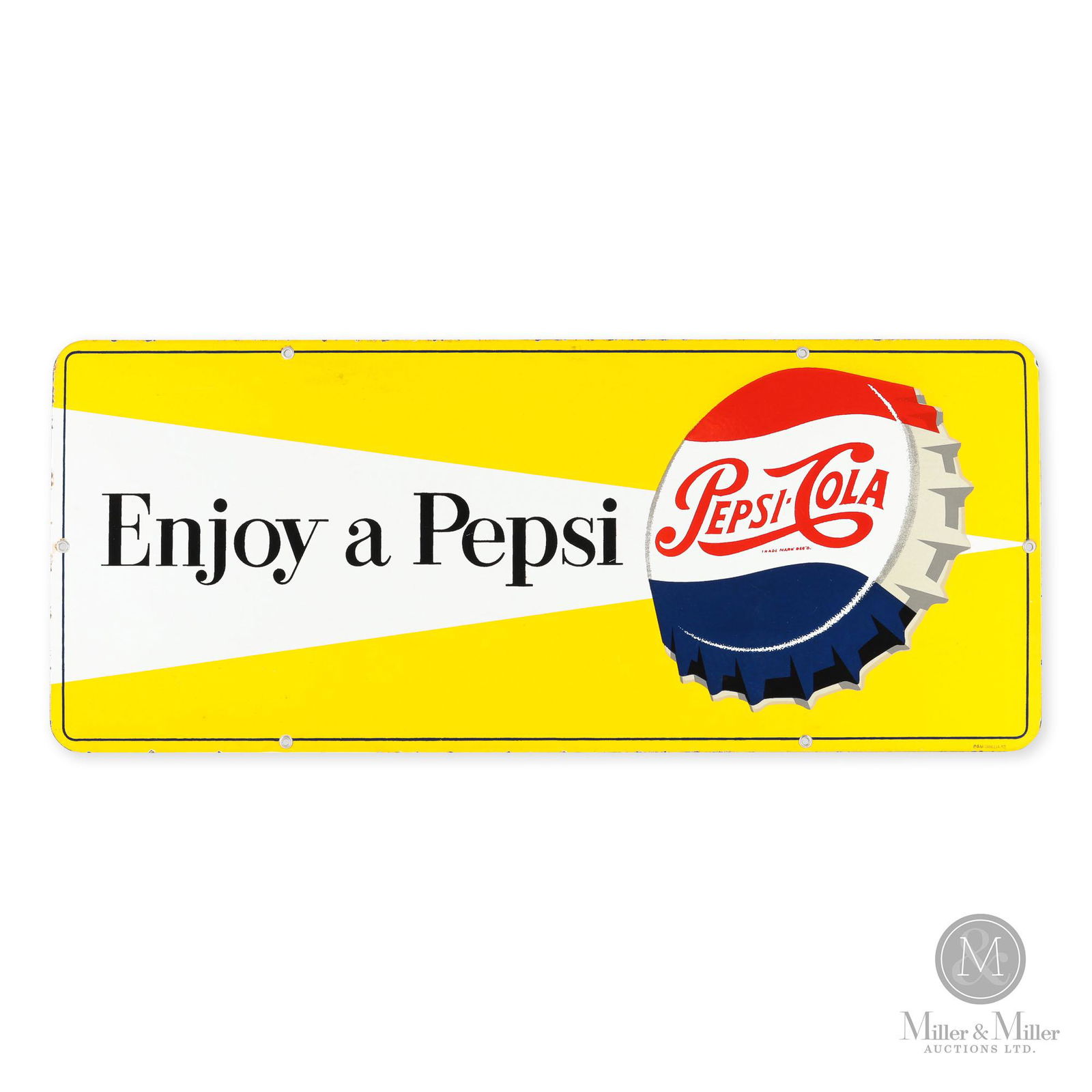 Pepsi-Cola Door Kick Plate: Canadian. 1957. Single sided porcelain (SSP). Marked, "P&M Orillia 57" lower right edge. Very minor porcelain losses at extreme edges. 12.25" x 29.25".