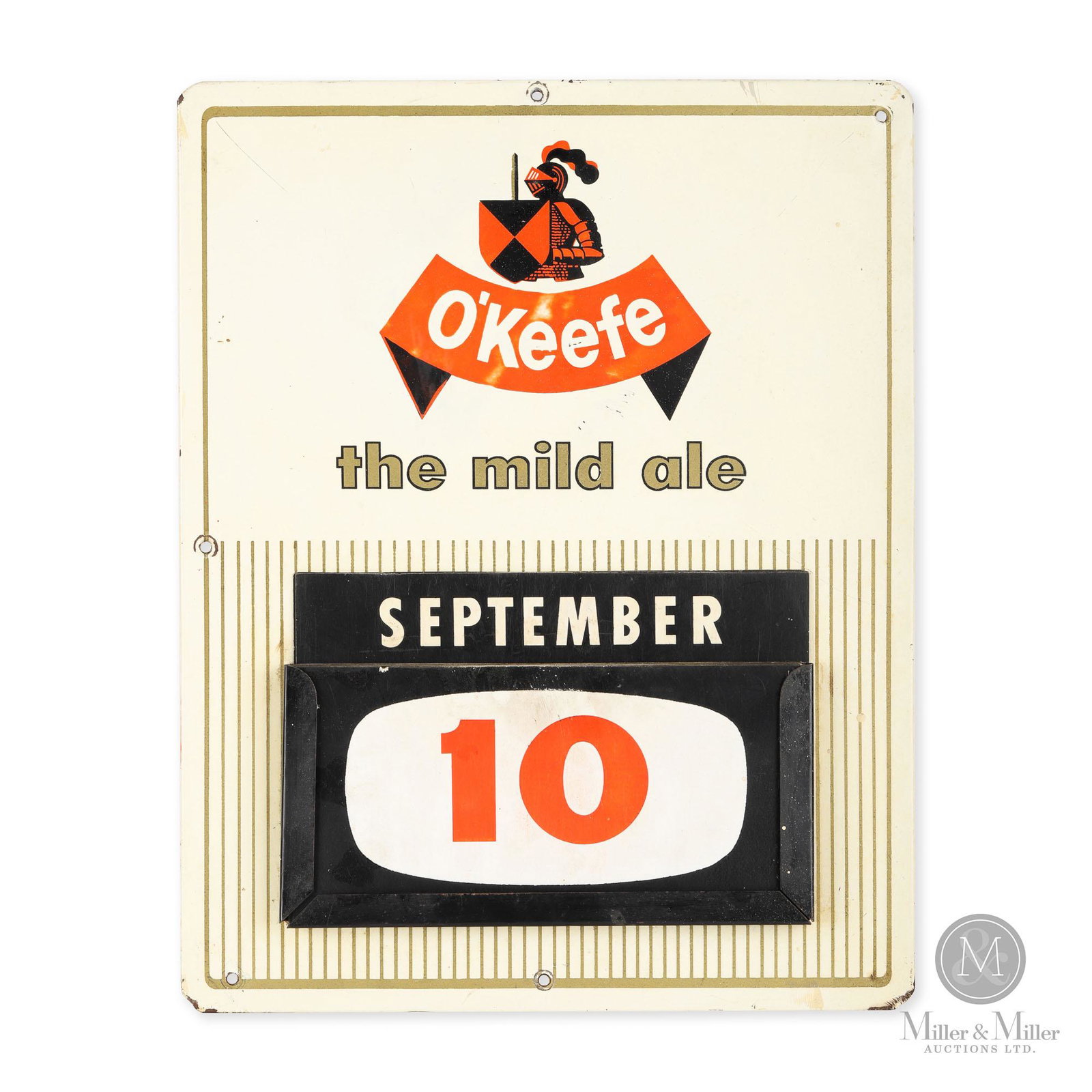 O'Keefe Easel Calendar: Toronto, Ontario. 1950s. Tin over cardboard. An O'Keefe's easel calendar scripted, "The Mild Ale". Retains all calendar cards. Staining, wear to corners, and one shallow bend. 14" x 11".
