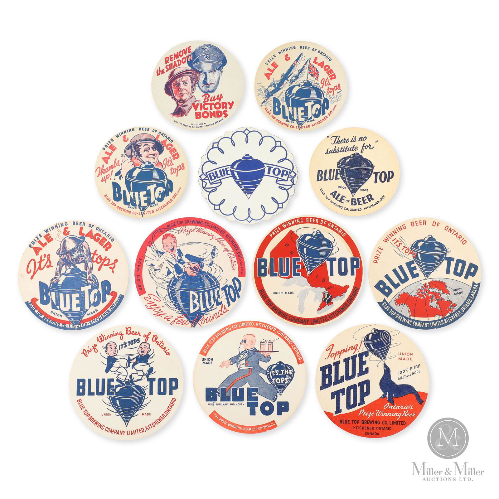 Bluetop Brewing Beer Coasters: Twelve (12). Kitchener, Ontario. 1940s. Paperboard lithographs. Twelve (12) World War II-era coasters; some with images anti-Hitler war propaganda. 4-5" dia.
