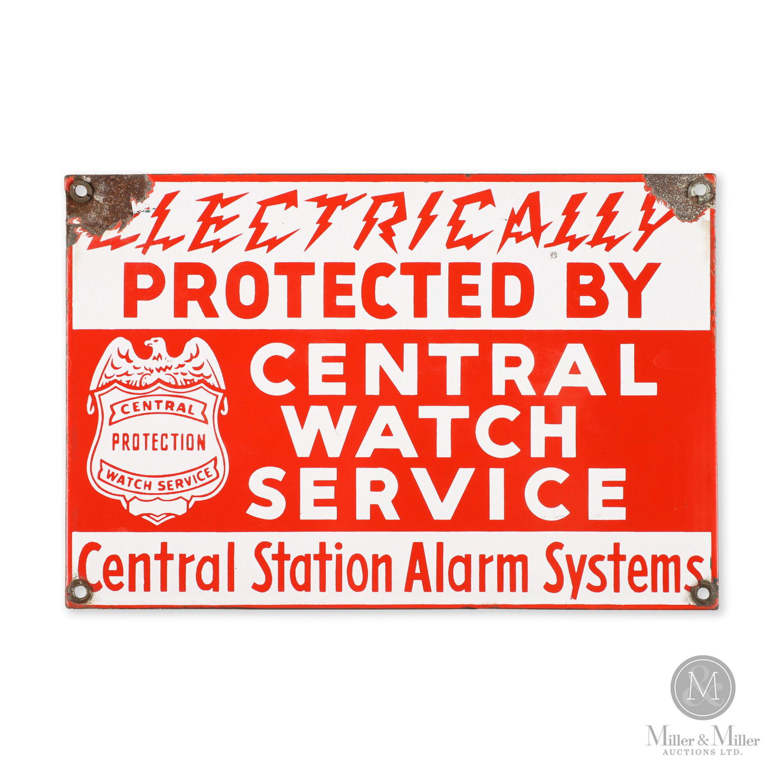 Central Watch Electric Alarm System Sign: American. 1940s. Single sided porcelain (SSP). This sign was provided to the building owner by Central Watch Service to be mounted in a conspicuous location. Porcelain losses surrounding each of the u