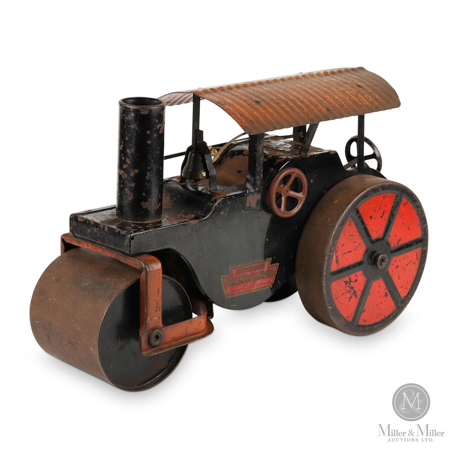 Keystone Steam Roller "60": American. 1930s. Pressed steel. Decalled, "Keystone Steamroller-60 Built by Keystone Mfg. Co. Boston, Mass., U.S.A". Original paint and decals. Evenly scattered surface losses with accompanying oxidat