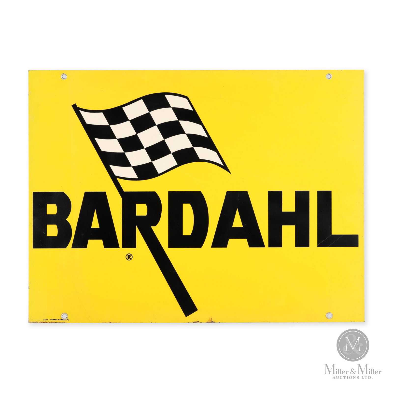 Bardahl Motor Oil Treatment Sign: Canadian. 1972. Double sided screened metal (DSSM). Marked, "3352 Canada-Barker 72" lower right edge. Minor surface oxidation exists along extreme lower edge. Gary Archer Collection. 18" x 24".