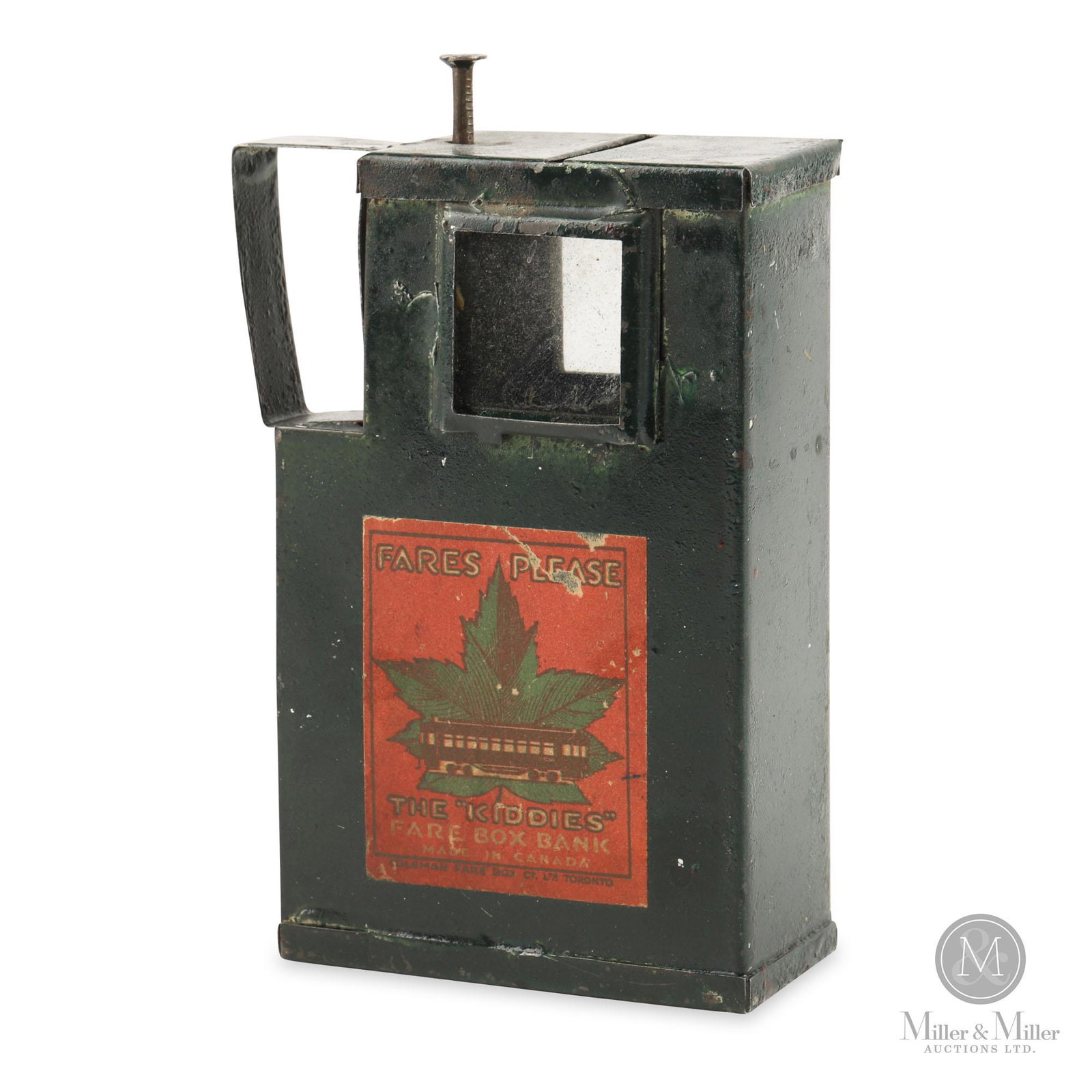 Coleman Kiddie's Fare Box Bank: Canadian. 1940s. Painted steel with applied decal. Operates like a fare box - deposit coin and depress plunger to release coin from shelf. Labelled, "The Kiddies Fare Box Bank" and "Coleman Fare Box C
