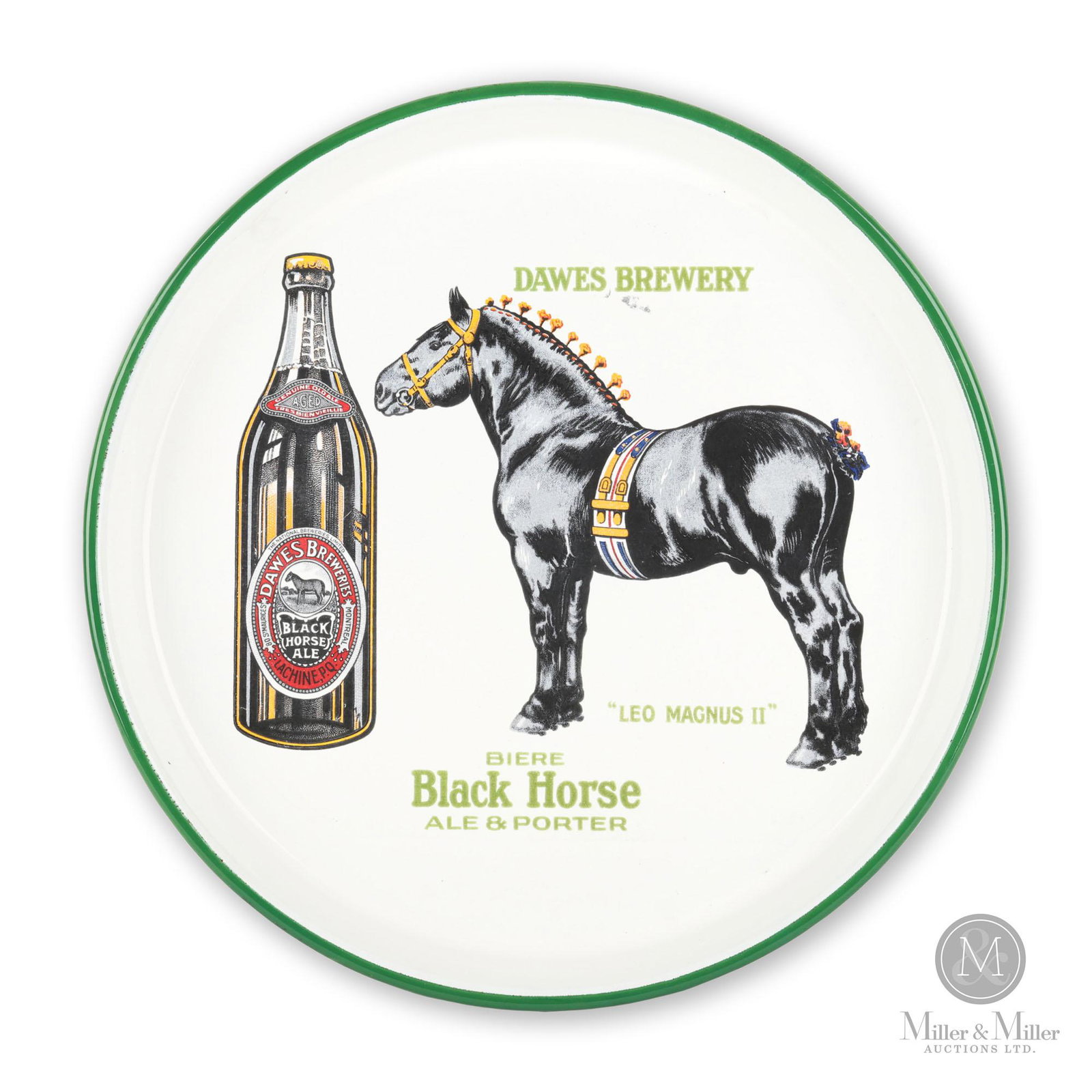 Black Horse Brewery, "Leo Magnus II" Beer Tray: Montreal, Quebec. 1920s. Porcelain. Very good condition. Light ring marks on the breast of the horse and surface scratch beneath the green "Dawes Brewery" script. 12.25 x 12.25 x 1.25".