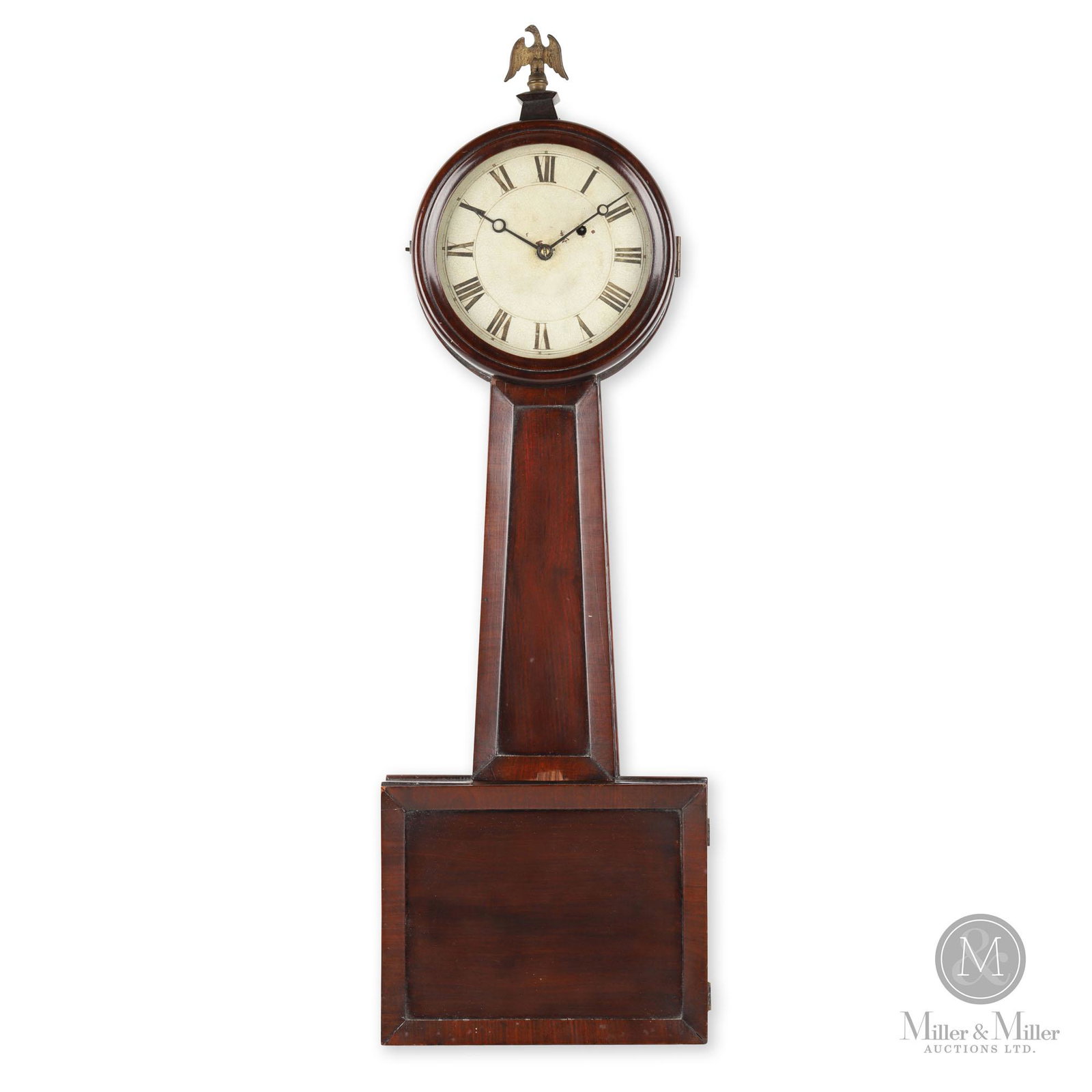 Federal Mahogany Banjo Clock: American. 1850s. Mahogany. 8-day time and strike. Retains original dial, finial probably a later replacement, complete including correct pendulum and weight. Mechanically functioning. From the Graham 