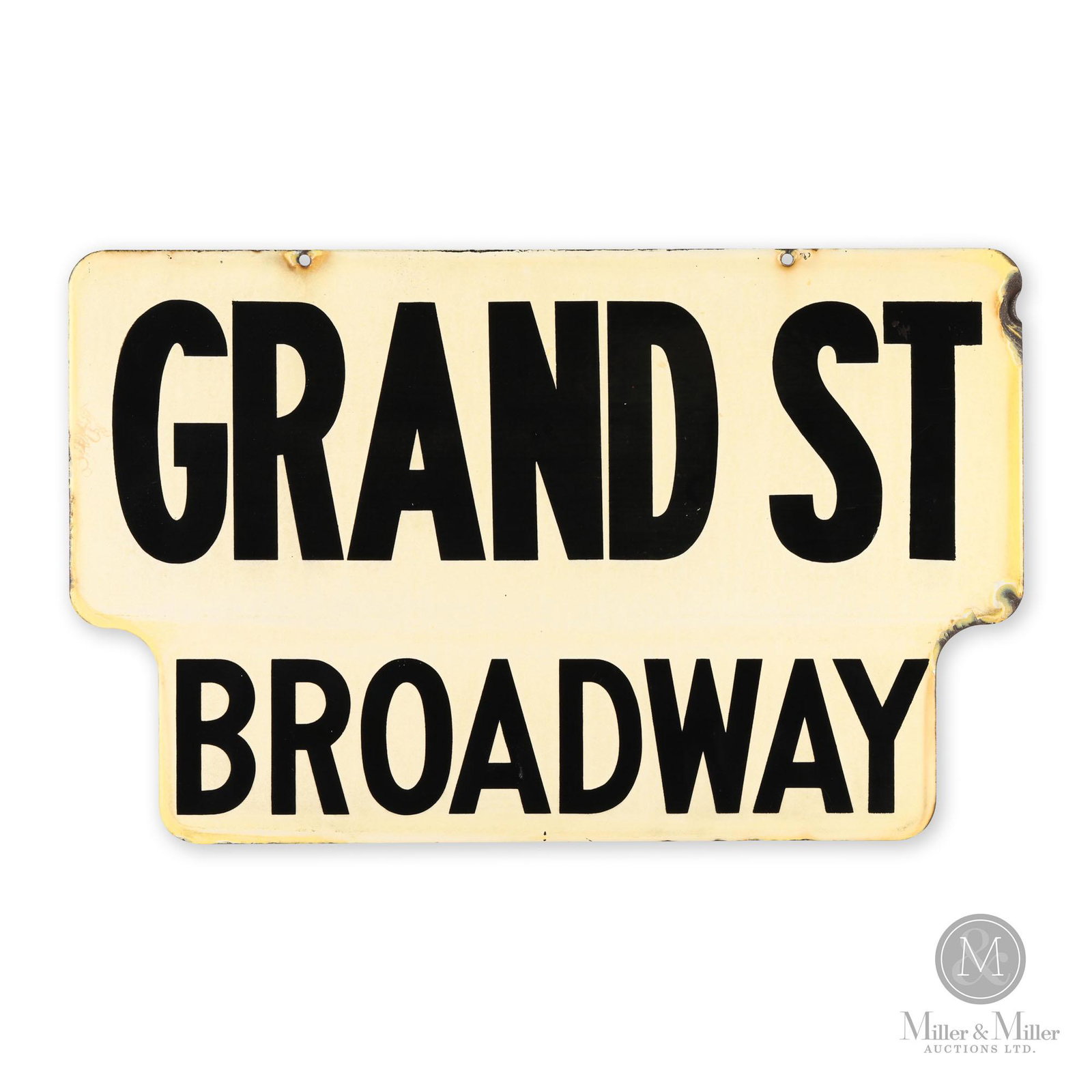 Grand Street Broadway, NY Street Sign: American. 1950s. Double sided porcelain (DSP). Surface fade is evident when contrasted against the darker borders which were protected by a frame. Minor porcelain losses from extreme edges. Light surf