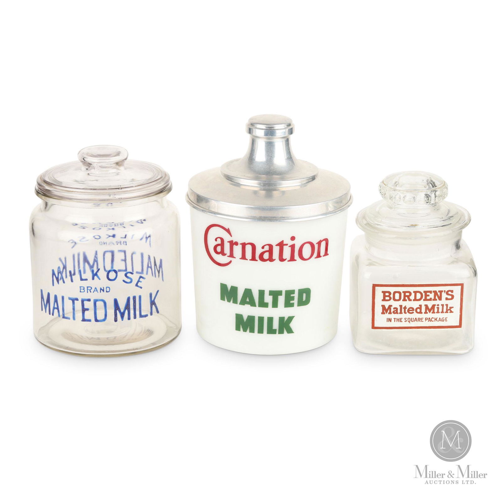 Carnation, Milkose & Borden's Malted Milk Canisters: Three (3). American and Canadian. 1940s-50s. Clear and milk glass with ACL graphics. The Carnation canister has an aluminum lid. Minor losses from the script on the Milkose canister. From the Ray Macd