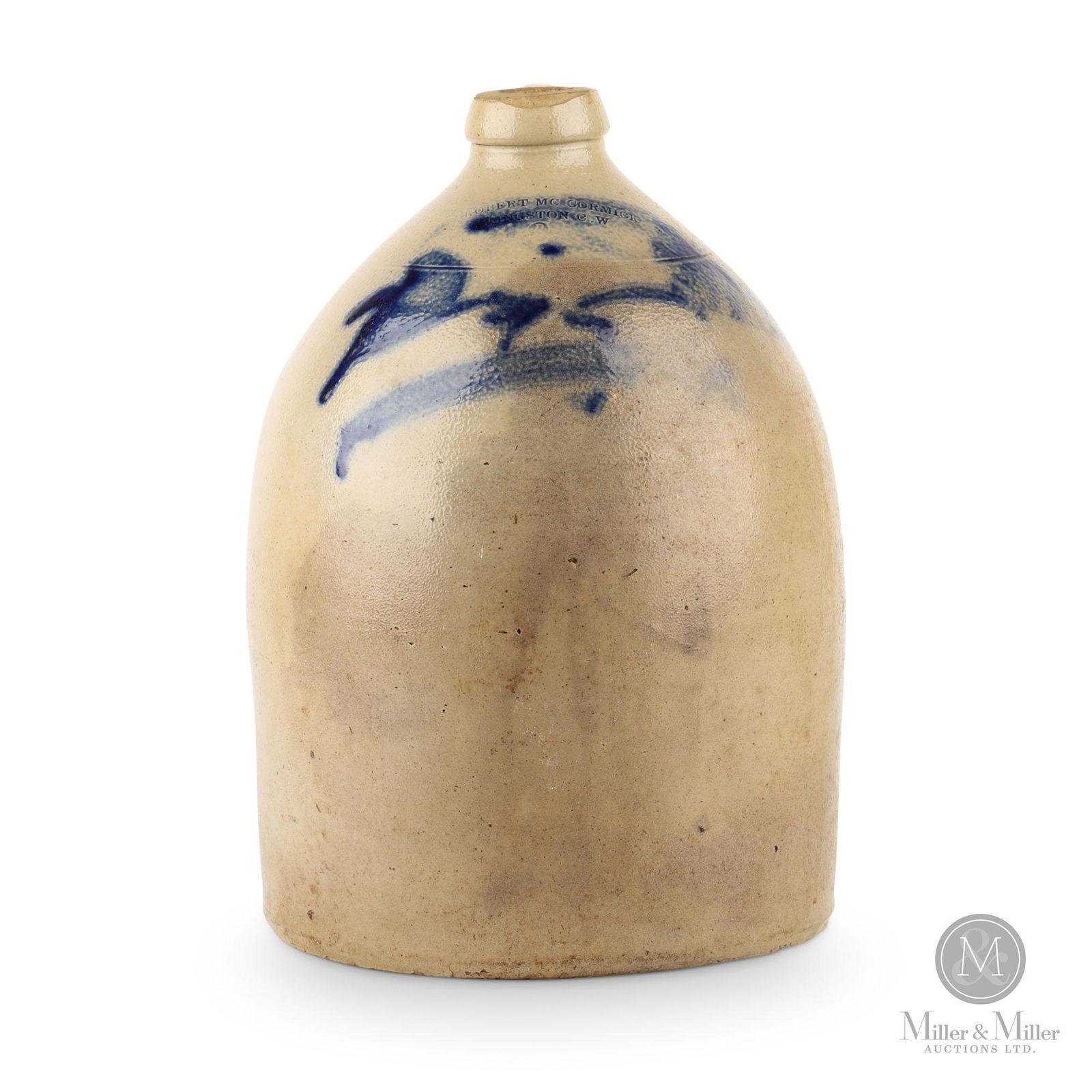 Robert McCormick, Kingston, C.W. 2 Gallon Stoneware Jug: Canadian. Kingston, C.W. (Ontario). c.1865. Salt-Glazed Stoneware. Stamped, "ROBERT MC CORMICK / KINGSTON C.W. / 2". Some minor chips to the lip can be seen as well as a small chip and some spidering