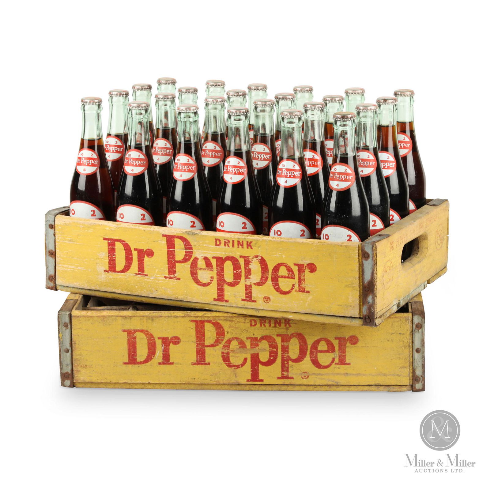 Dr. Pepper Cases & Bottles: Two (2) cases. One of the cases is complete with twenty-four (24) sealed bottles. American. 1960s. Painted wood crates. Glass ACL bottles. The bottles and cases each feature the "10-2-4" clock face gr
