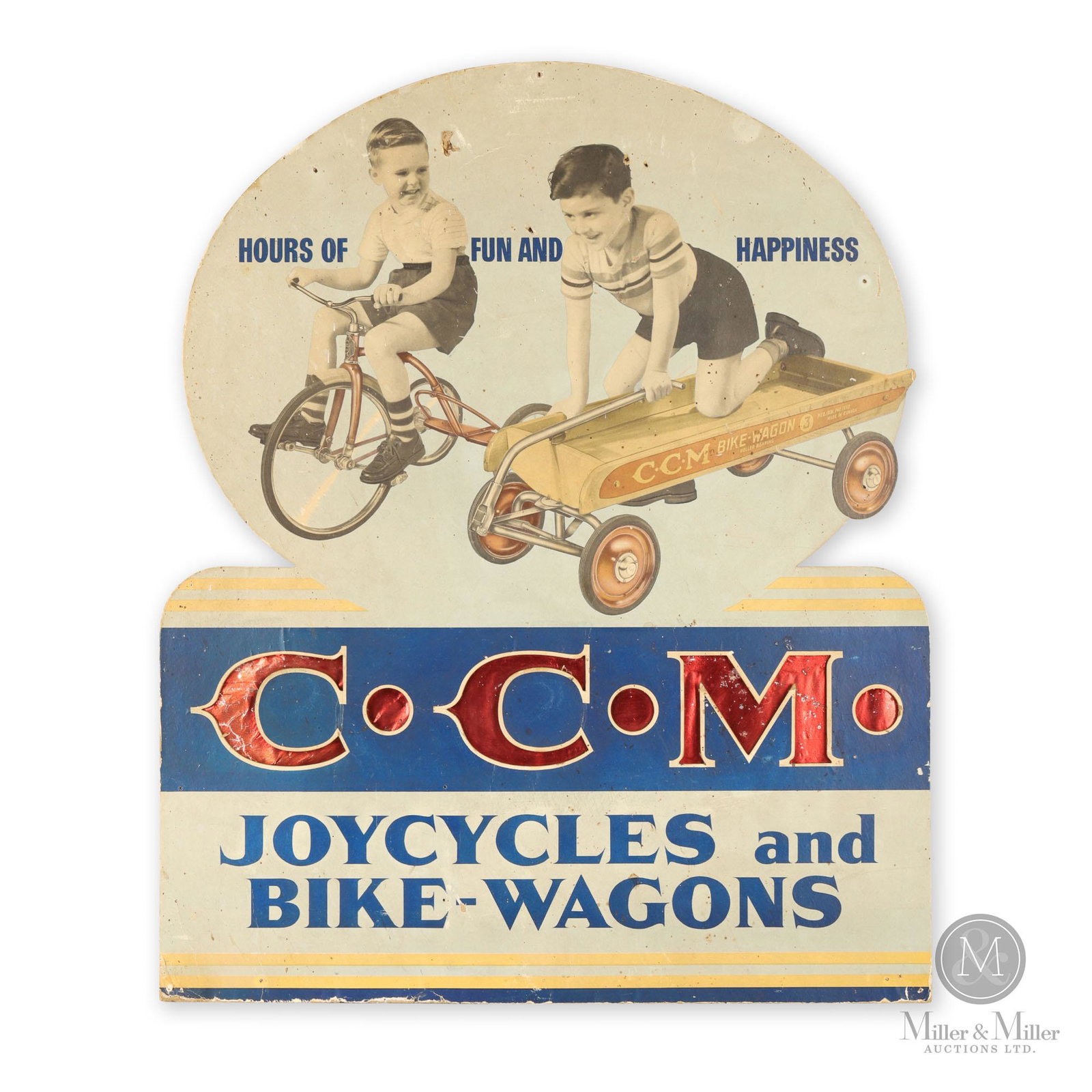 CCM Joycycles and Bike-Wagons Store Display: Canadian. 1940s. Single sided lithographed cardboard with rear applied foil "CCM" script. Exhibits moderate surface fade. Scattered punctures within the upper quarter as well as surface losses from th