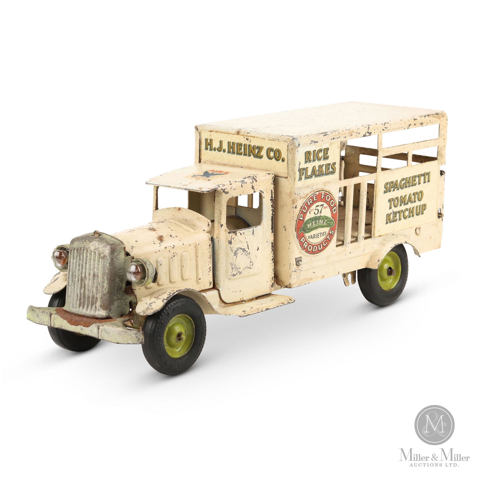 Metalcraft H. J. Heinz Co. Delivery Truck: American. 1930s. Pressed steel with applied decals. Battery-operated headlights. Stamped, "Metalcraft Corp. St. Louis. Made in U.S.A.", underneath. A later added NRA decal on roof of cab. All original