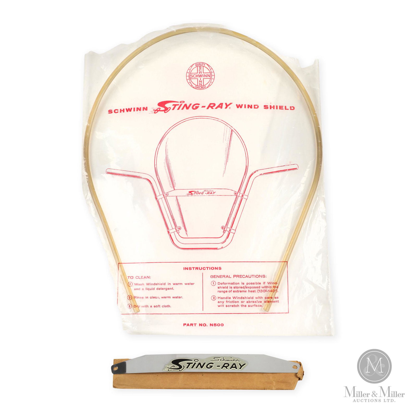 NOS Schwinn Sting-Ray Accessory Windshield: American. 1960s. Clear plastic with metal bracket. Packaging marked, "Part No. N500". New old stock in original instructional packaging. Includes all necessary hardware for installation. From the coll