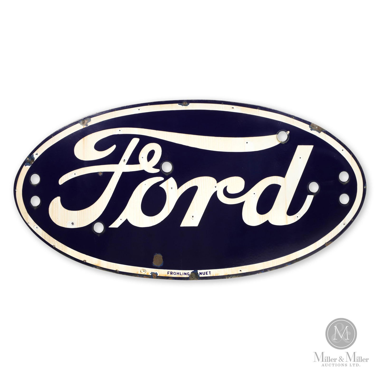 Ford Dealer Neon Sign: American. 1940s. Single sided porcelain (SSP), made for neon. Made by Frohling Sign Company of Nanuet, New York; a company that continues operating to this day. Marked lower center edge, "Frohling ..n