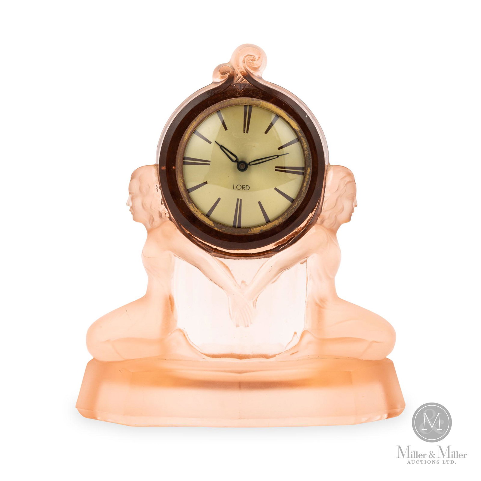 Auguste Walther & SÃ¶hne Art Deco Nude Desk Clock: German. 1930s. Frosted pink satin depression style glass. Features back-to-back nude ladies flanking a clock supported by their interlocking hands. The case was made by Auguste Walther & SÃ¶hne and 