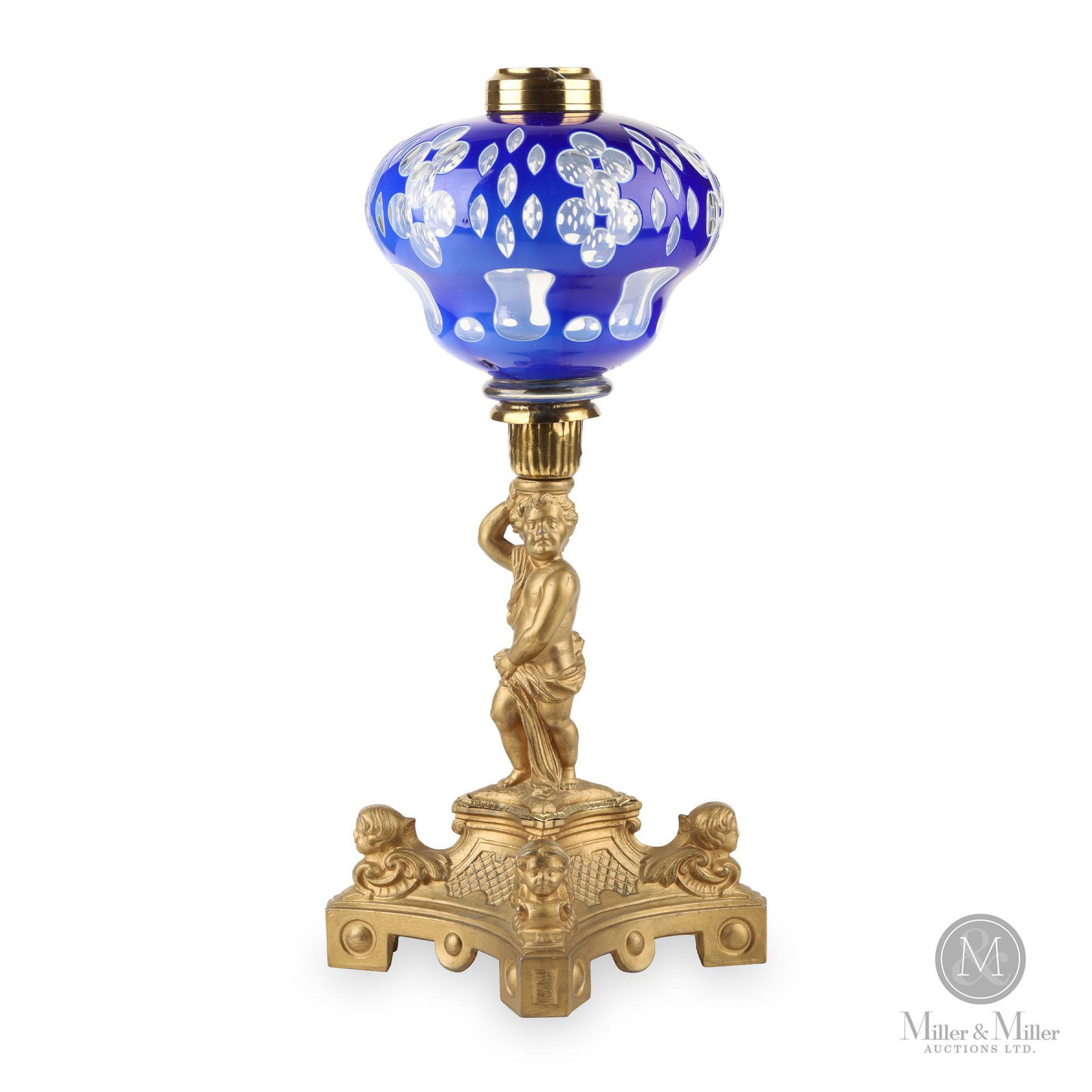 Figural Stem Cut Cobalt Overlay Kerosene Stand Lamp (1 of 7)