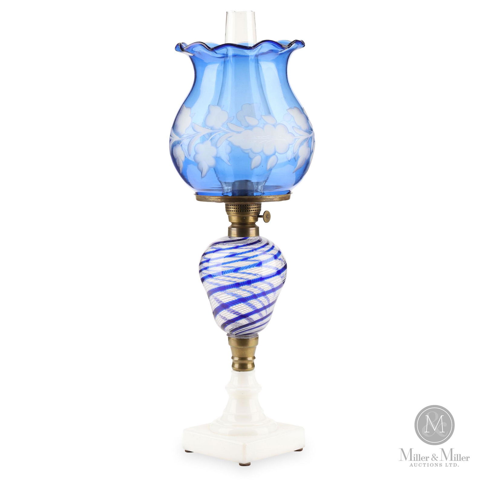 Blue Latticino Stripe Kerosene Stand Lamp (1 of 12)