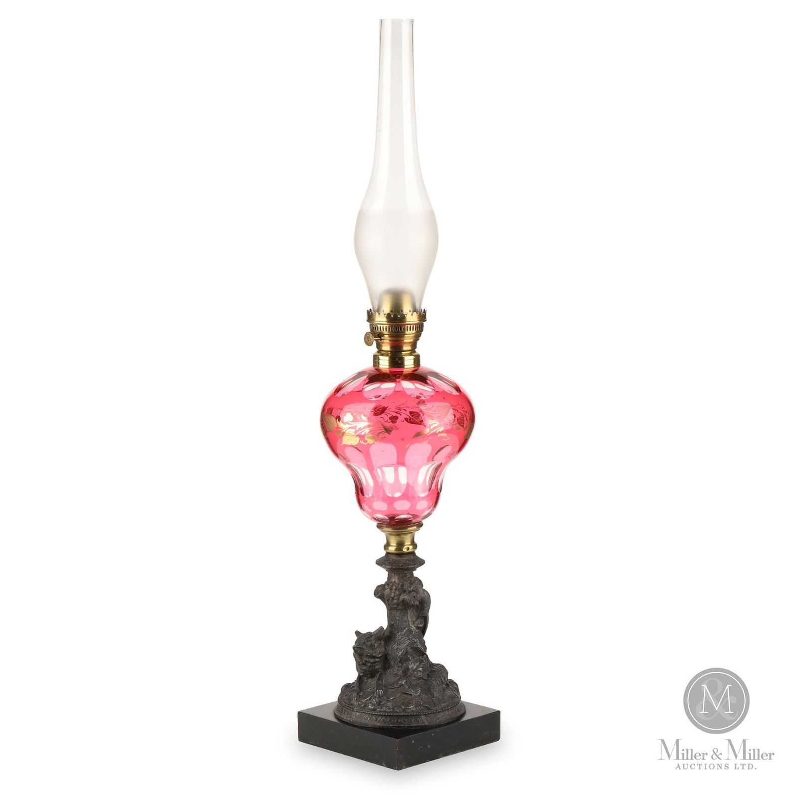 Dietz, Brother & Co. Figural Cut Cranberry Overlay Kerosene Stand Lamp (1 of 10)