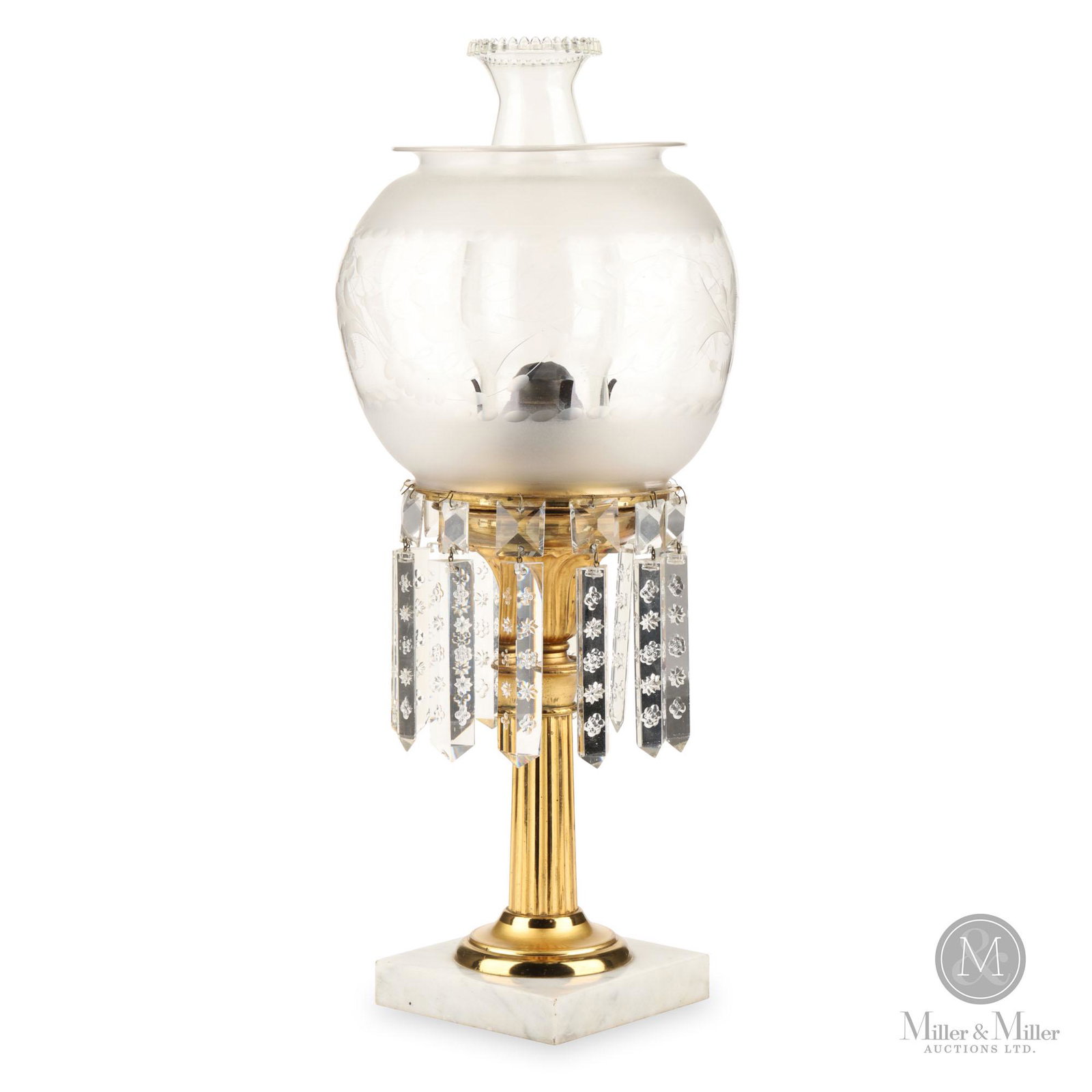 Brass Converted Kerosene Solar Lamp: 1850s. Glass, brass. Brass font, brass connectors, brass ribbed stem, marble base, shade ring with decorated prisms. #1 pearl top slip chimney. #1 prong burner, clear and frosted engraved shade. Facto