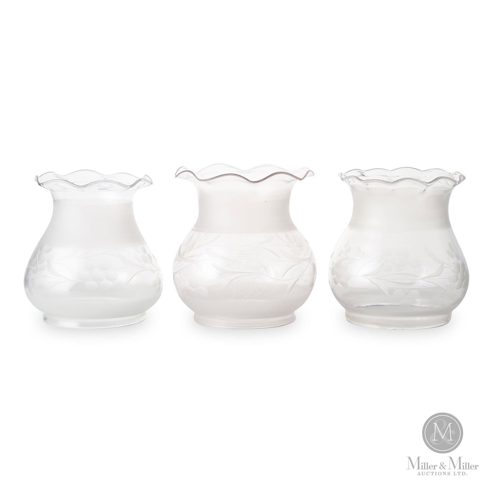 Three Cut & Etched Oregon Shades: Three (3). American. 1860-1880. Glass. Lot of three Oregon shades. Frosted and colourless, berries. From the Keith Dill Collection. Oregon - 4"D.