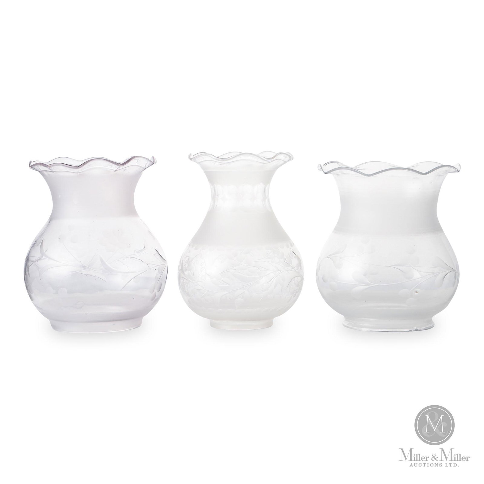 American Cut & Etched Oregon Shades: Three (3). American. 1860-1880. Glass. Lot of three Oregon shades. Frosted and colourless, berries. One with several chips to the bottom. From the Keith Dill Collection. 3 3/4"D.
