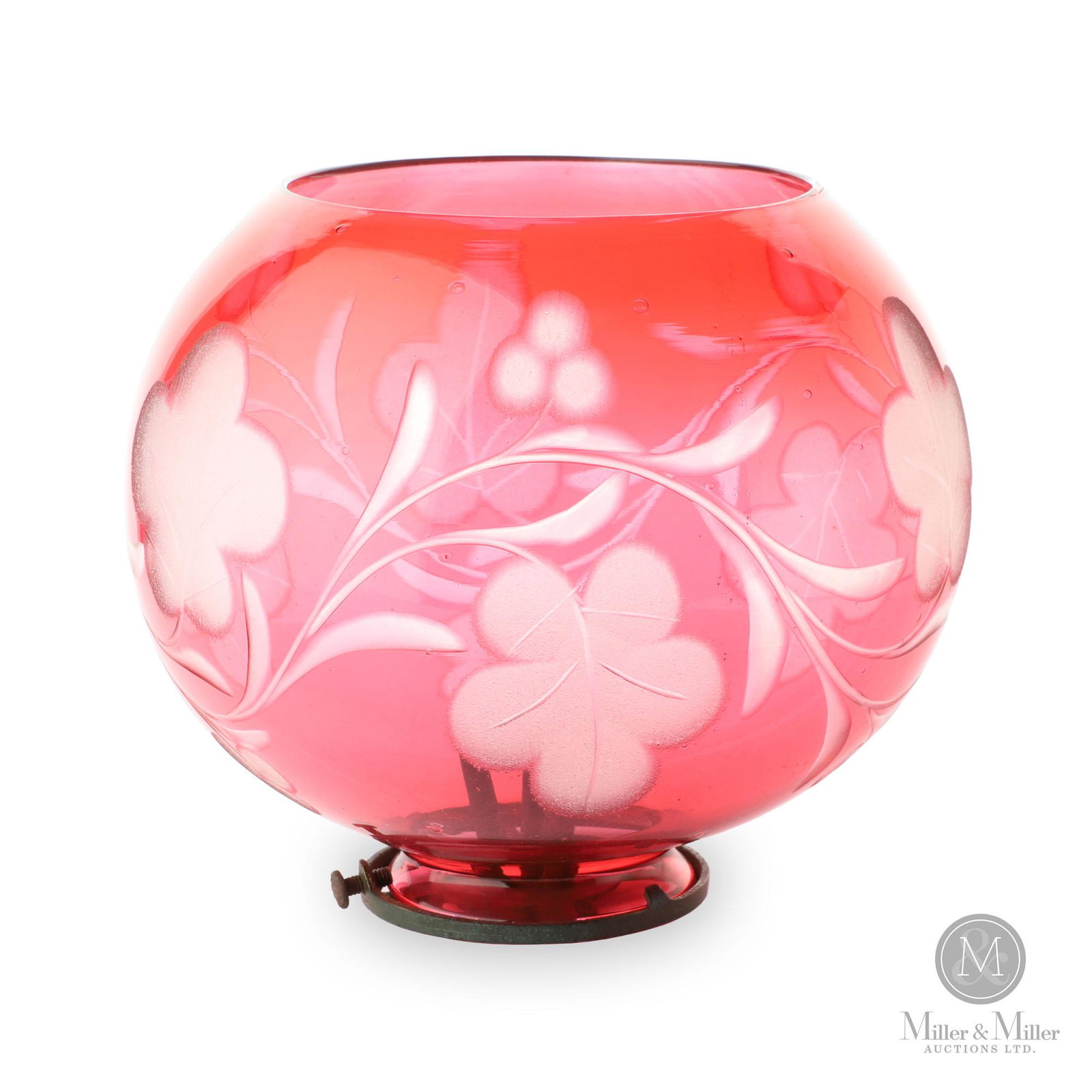 Cranberry Cut Overlay Ball Shade: American. 1840 -1850s. Glass, pewter. Cranberry rough cut to colourless ball shade. Triple tubed pewter fluid burner. From the Keith Dill Collection. 2 ½”D shade ring, thread size .985".