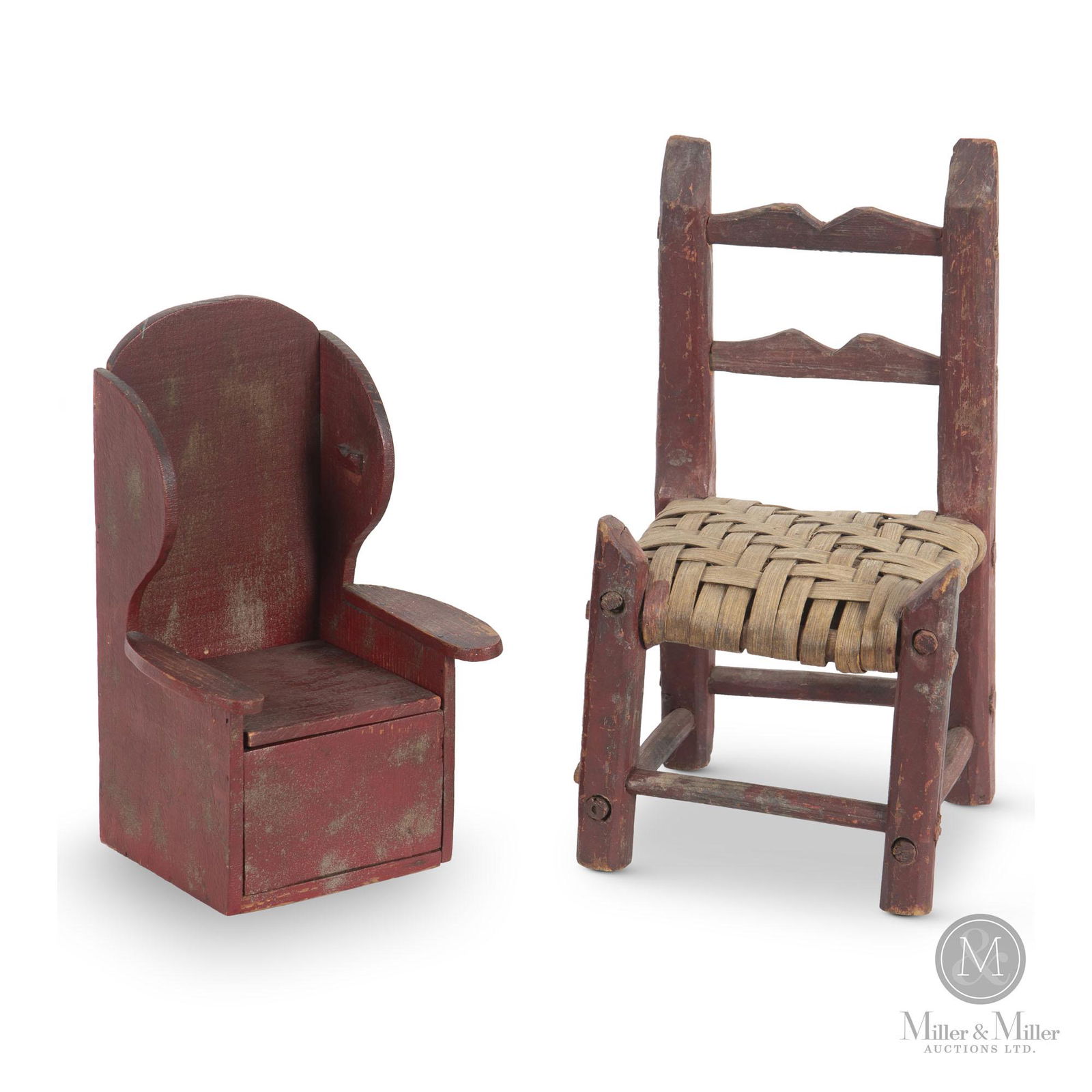 Doll Chairs / Chaises de PoupÃ©e: Lot of two doll chairs: one a wingback settle chair in red paint and the other a rustic capucine side chair in original paint with chamfered legs and a splint seat. Quebec, late 19th century. Two (2).