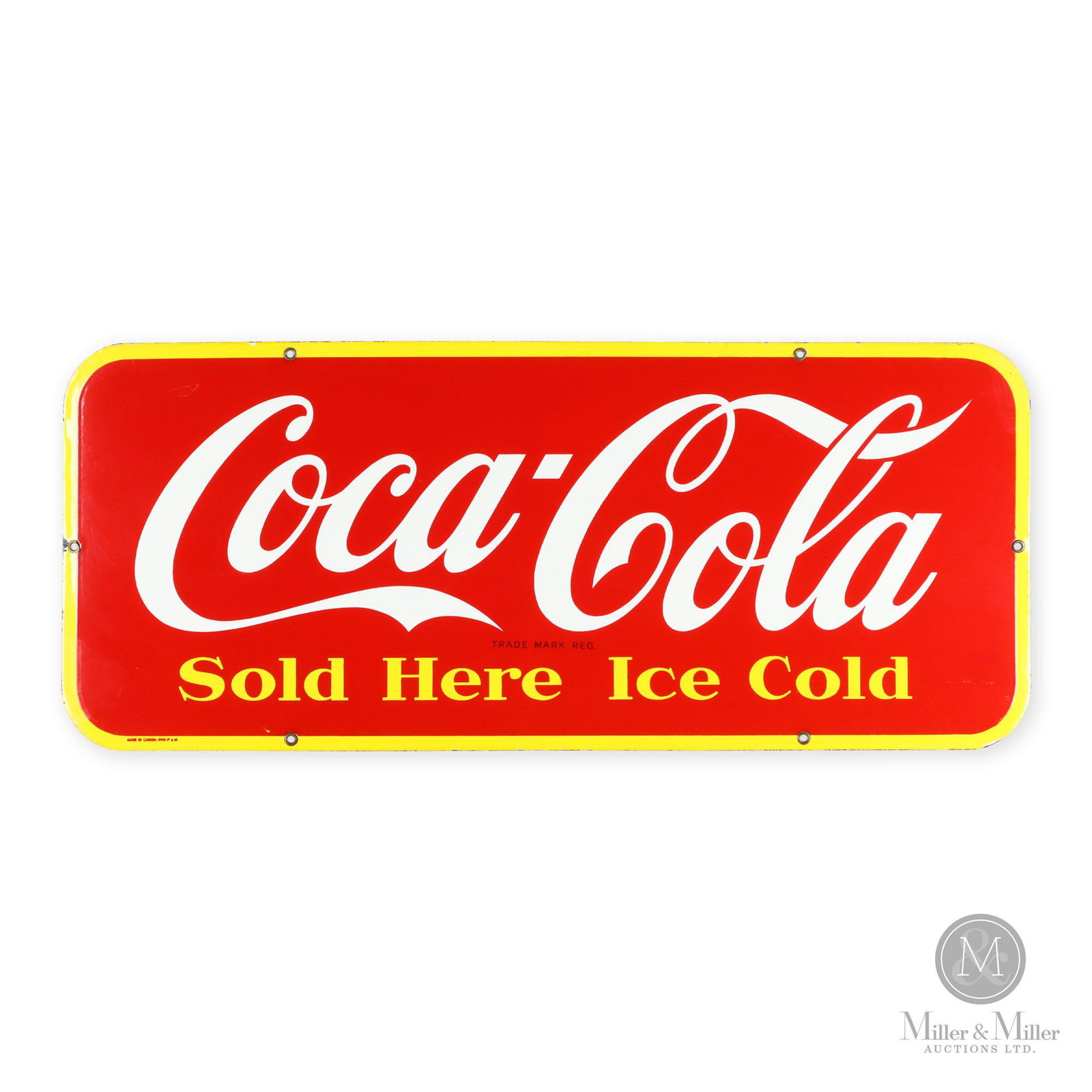 Coca-Cola Door Kick Sign: Canadian. 1946. Single sided porcelain (SSP). Excellent condition. Minor porcelain nick to the left of the left side mounting hole. Marked, "Made in Canada - 1946 - PandM" on lower left edge. 12.25"H