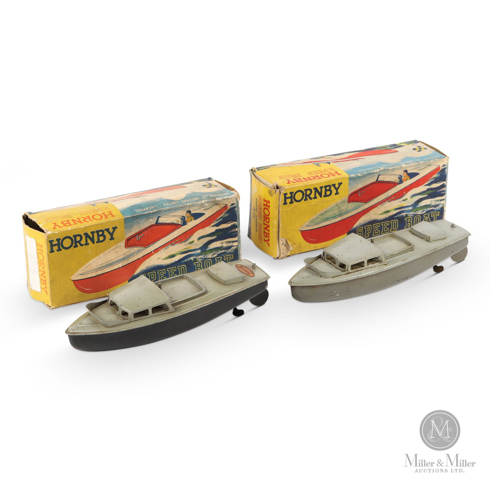 Meccano Hornby No. 1 X46 Naval Launch Speed Boats: English. 1941. Pressed tinplate. Wartime issue of the No 1 size Hornby boat. Two scarce wartime versions, 1 hull repainted black, box poor condition. Each Box: 3.5"H x 9.5"L x 3"W.