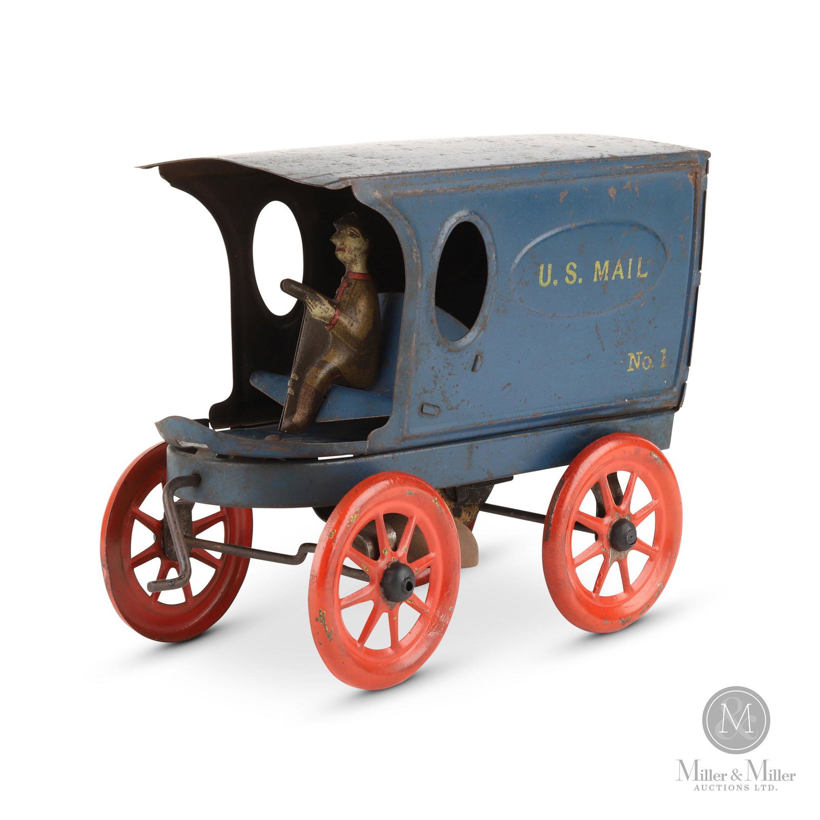 U.S. Mail No. 1 Delivery Truck: American. WW1. Pressed tinplate. Marked in gold stencil" U.S. MAIL, U.S.A.". Condition: 7/10 with some wear and metal bends. 5.75"H x 8.25"L x 4"W.