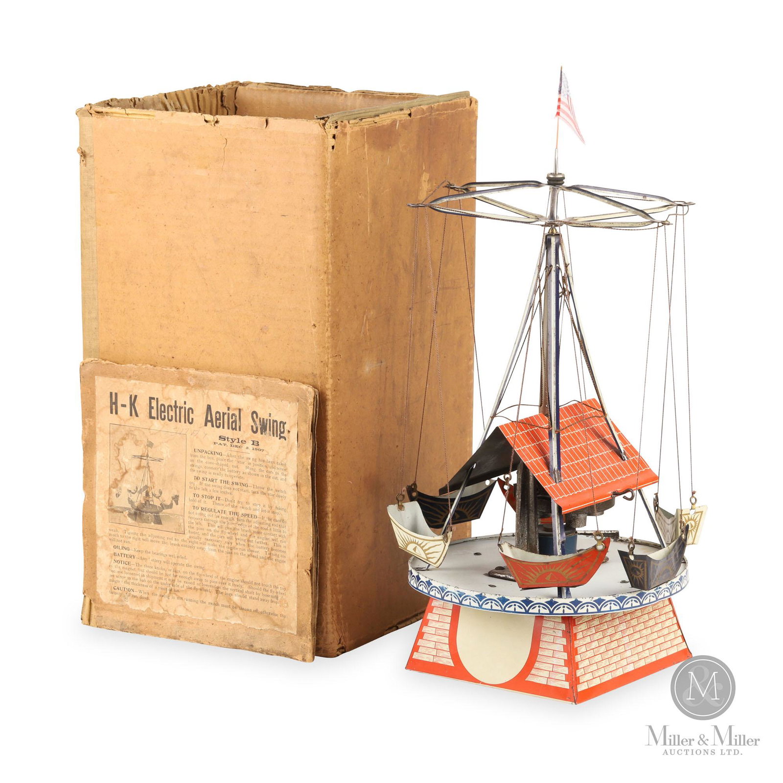 H-K Electric Aerial Swing: American. Pre WW1. metal. Marked "H.G. HAWKETTE and H.W. KLAUSMANN". Complete, not tested working. 19.5"H x 11" Dia.