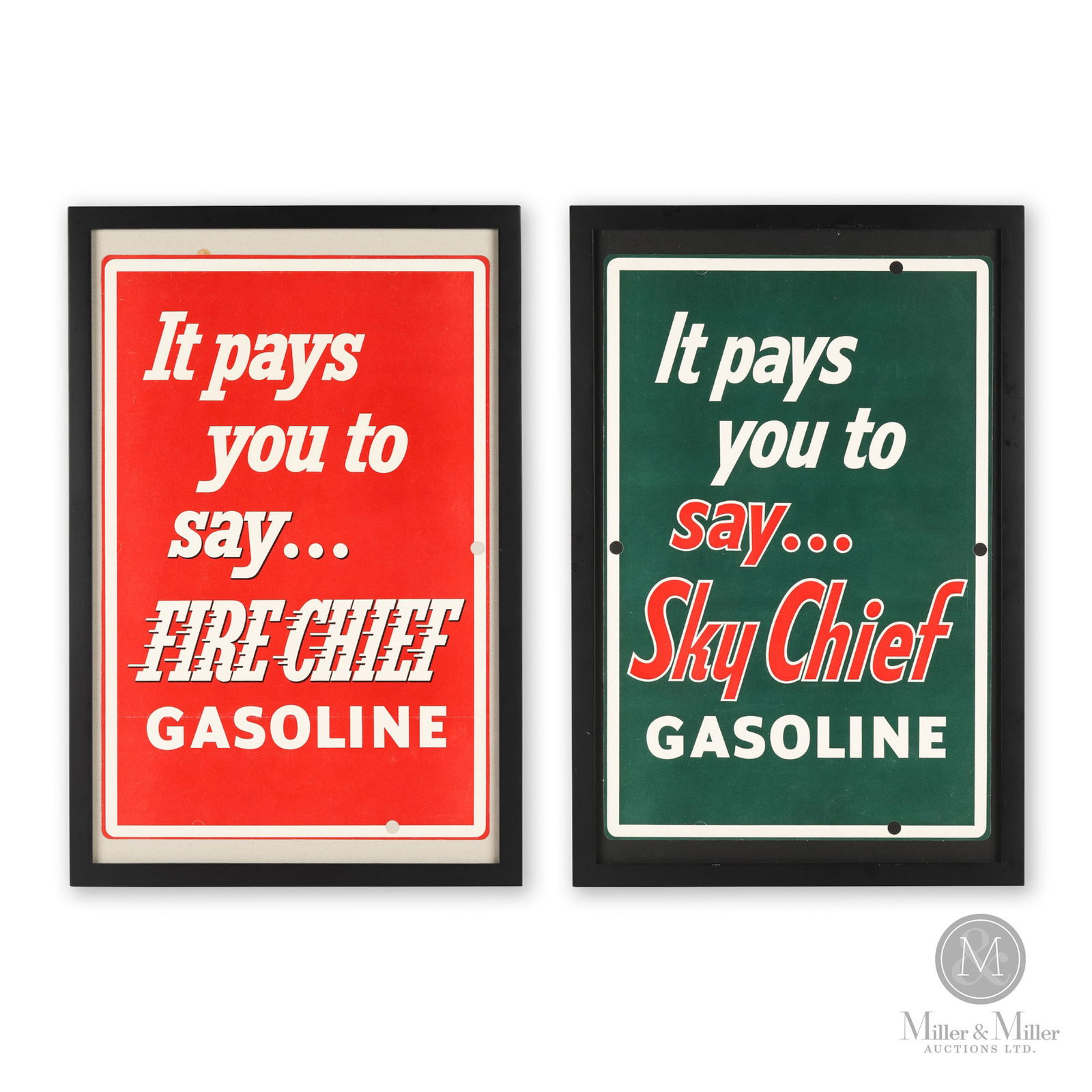 Texaco Sky Chief & Fire Chief Gasoline Pump Decals: Two (2). American. 1960s. Single-sided screened vinyl. Professionally framed. New old stock. Both: 21"H x 14"L. Sight: 18"H x 12"L.