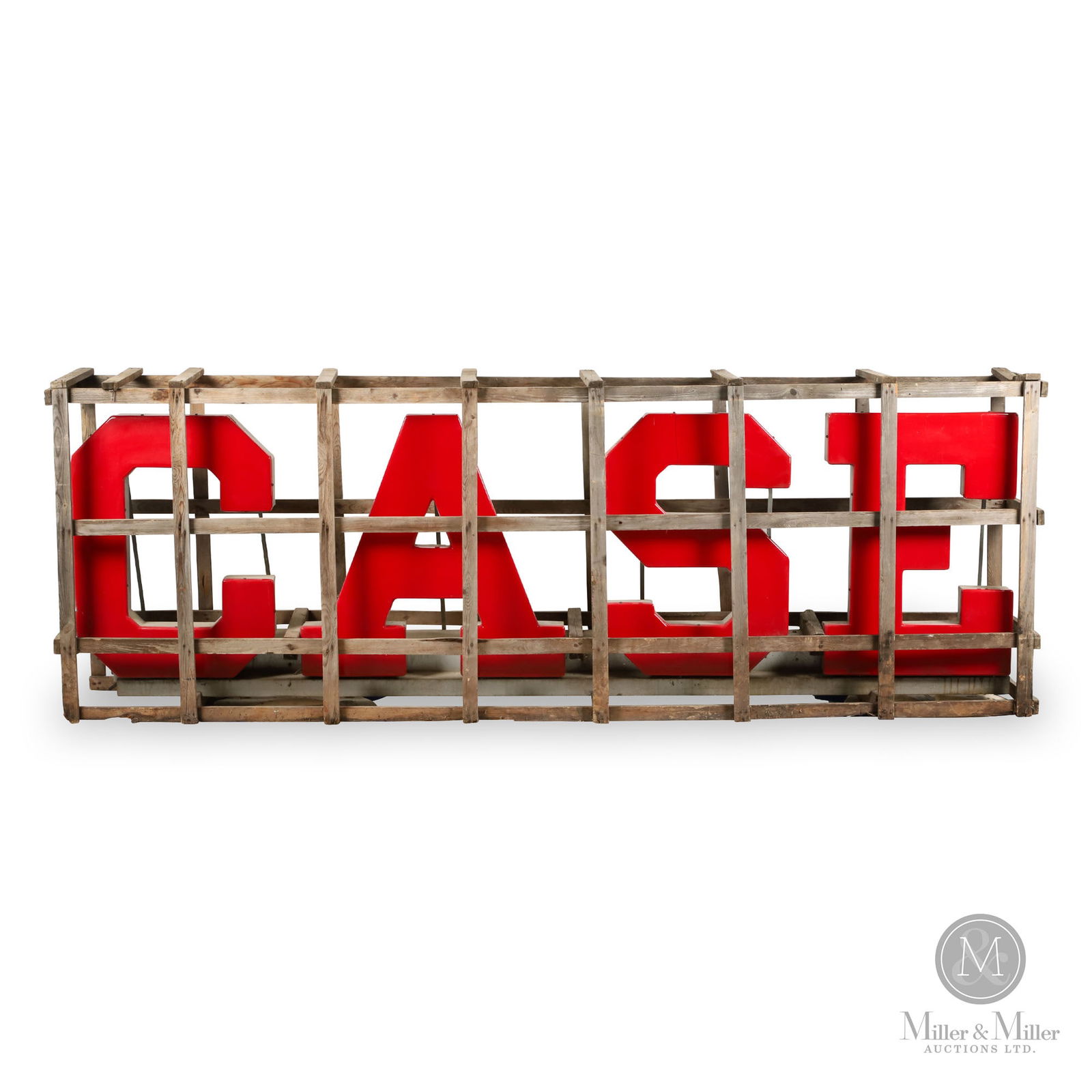 Case Farm Implements NOS Neon Dealer Sign: Canadian. 1950s. Lighted acrylic letters with fitted metal light boxes. An original neon channel letter sign. Marked, "Slimlite Toronto". New old stock in original shipping crate. Letter 'C" with chip