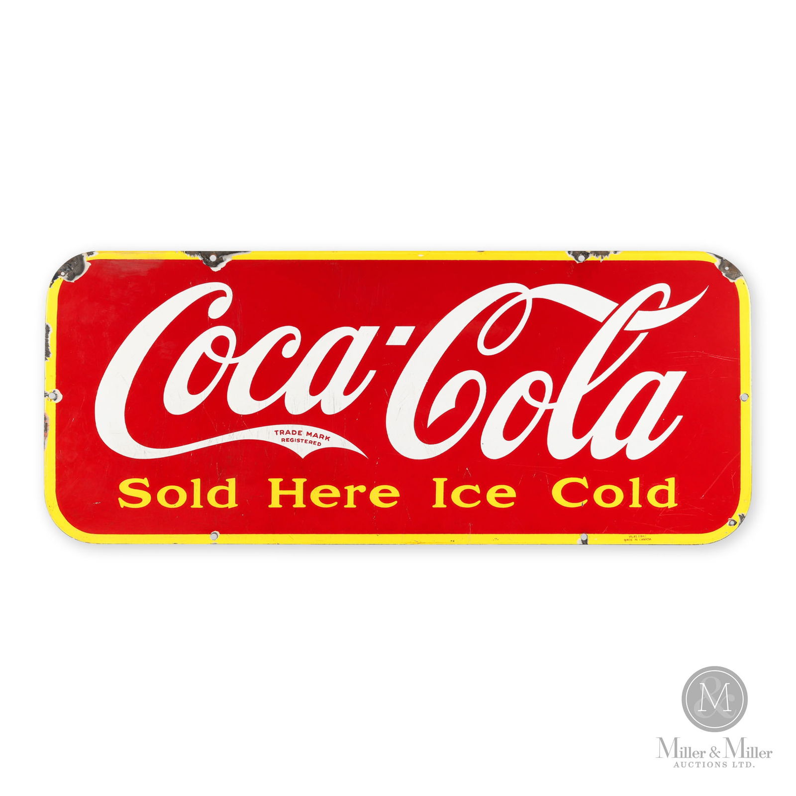 Coca-Cola 1941 Door Kick Sign: Canadian. 1941. Single-sided porcelain (SSP). Marked, "Vilas (1941) Made in Canada", bottom right edge. Three added mounting holes within the border. Porcelain losses surrounding mounting holes and at