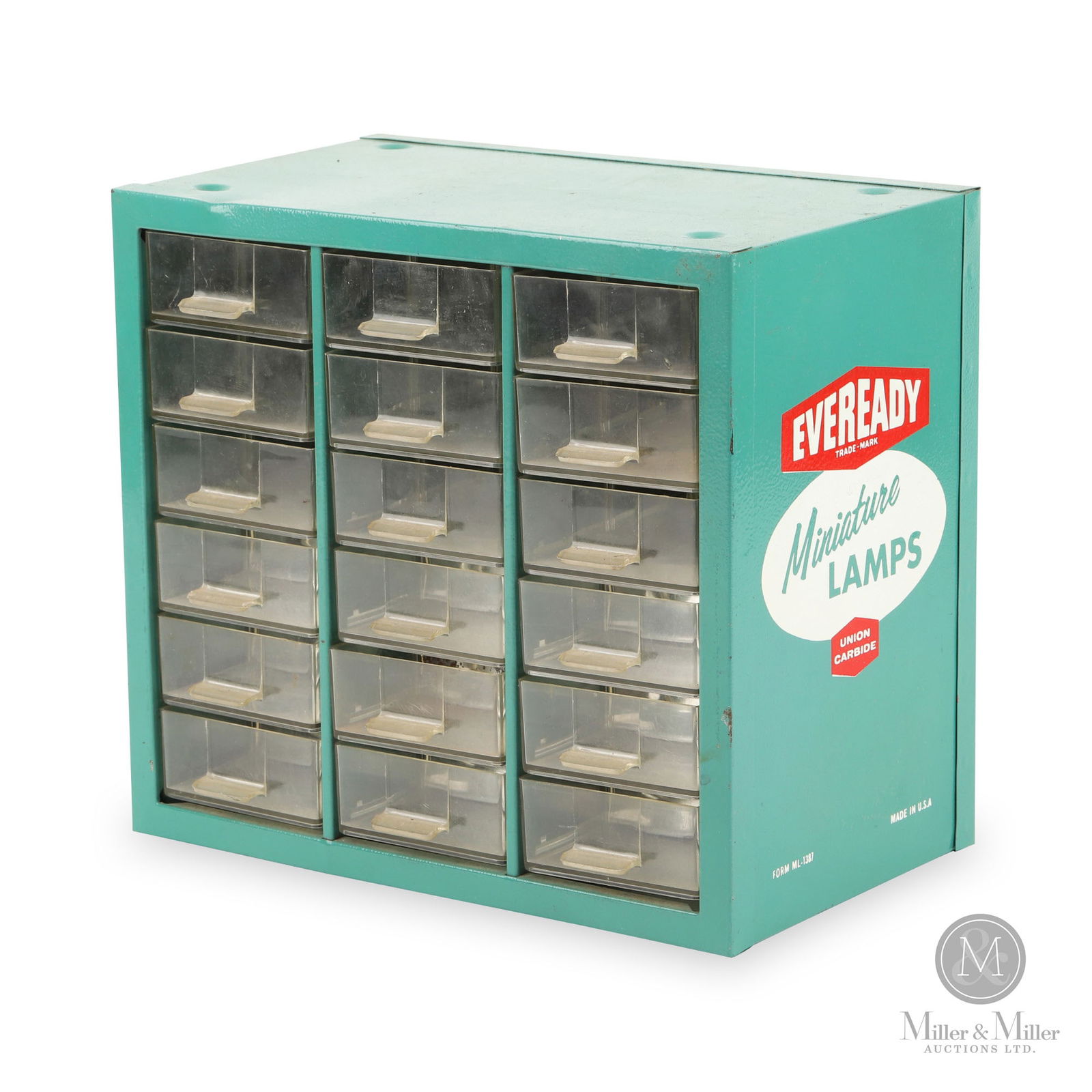Everready Miniature Lamps Store Display Wall Cabinet: American. 1950s. Screened metal cabinet with plastic drawers. Marked, "Form ML-1387 Made in U.S.A", lower left and right edge of right side. Excellent condition. Minor surface scratches. 10"H x 9"L x