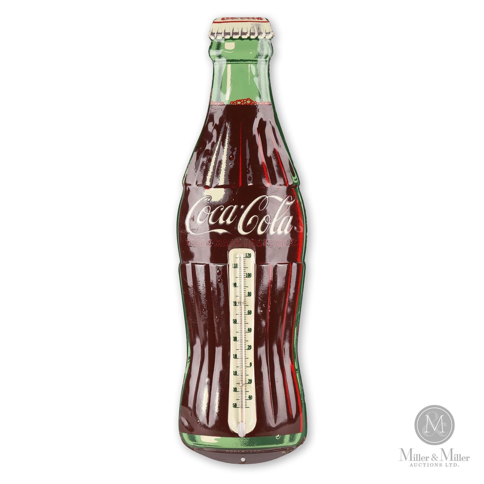 Coca-Cola Bottle Thermometer: American. 1950s. Single-sided tin (SST), die cut and embossed. Marked, "Robertson, Made in USA", lower edge. Minor surface losses with oxidation from the bottom edge. Thermometer tube is in place and