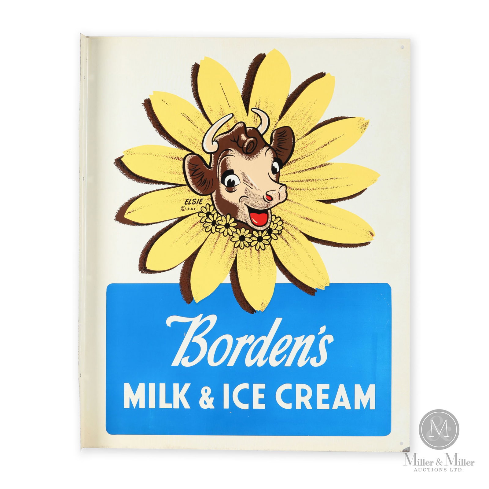 Borden's Milk & Ice Cream "Elsie" Flange Sign: American. 1950s. Double-sided tin flange (DSTF). Features the famous Borden's mascot, Elsie the cow. Marked, "Copyright T.B.C." below Elsie's ear. Minor surface loss on the lower outward facing corner