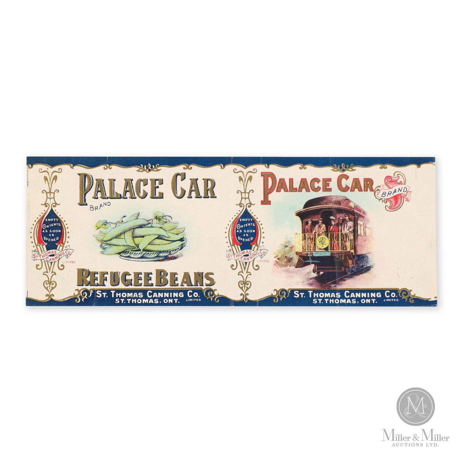 Palace Car Refugee Beans St. Thomas, Ontario Can Label: Canadian. 1910s. Single-sided lithographed paper. Product packed by St. Thomas Canning Co., St. Thomas, Ontario, Canada. New old stock. 4.25"H x 11.25"L. From the Glen Paruk Collection (Tin Canada).