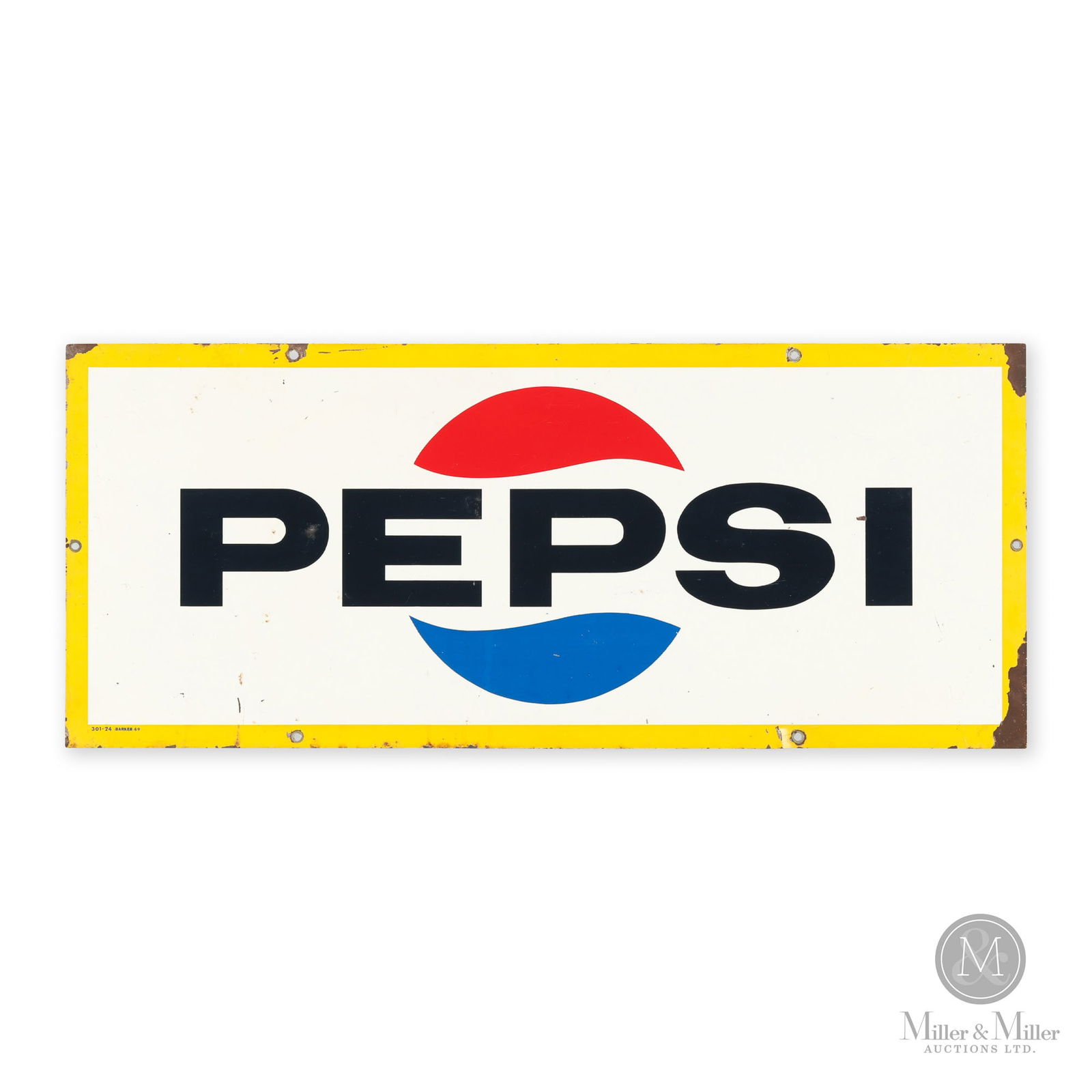 Pepsi-Cola Door Kick Sign: Canadian. 1969. Single-sided tin (SST). Marked, "301-24-Barker-69", bottom left edge. Surface losses and oxidation along the edges and surrounding the mounting holes. The heaviest losses are at the ri