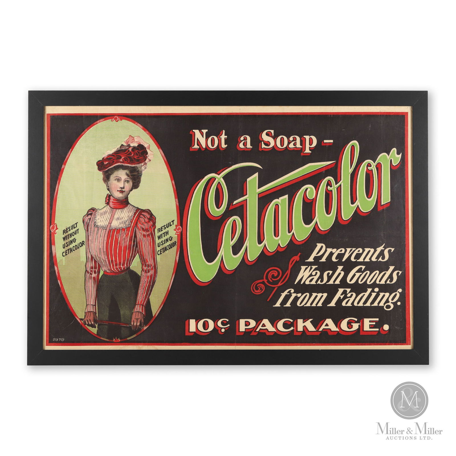 Cetacolor Fade Inhibitor Poster: Probably Canadian. 1900s. Single-sided silkscreened linen. Marked, "2979", bottom left edge. Bright colours. Light water staining along bottom left edge. 26"H x 36"L. Sight: 23.25"H x 35"L.