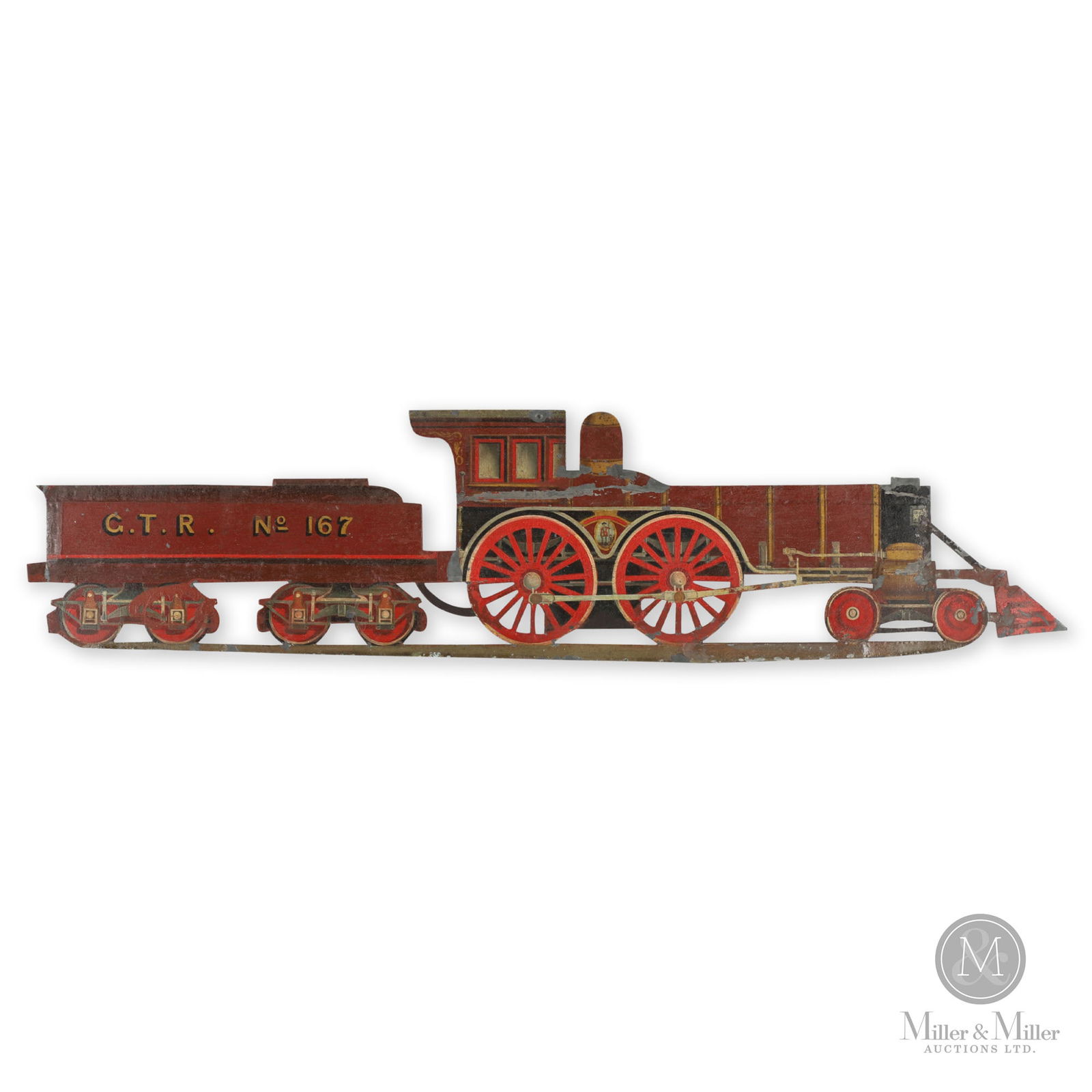 Grand Trunk Railway Sign in Metal: North American. Sheet iron. Wonderful early painted sheet iron profile of a Grand Trunk Railway steam engine and coal car painted in red, vermillion, black, grey, white, and gold. The engine is also p