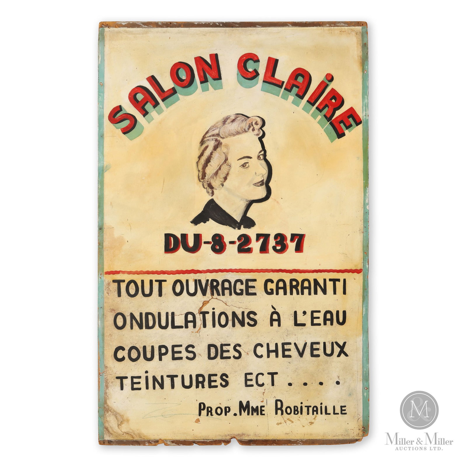 1940s Quebec Masonite Beauty Salon Sign: Quebec. Paint, masonite. A painted Quebec masonite beauty hair salon shop sign for Mme. Robitaille's "Salon Claire" with services offered, including a portrait in black on yellow with red and green ac